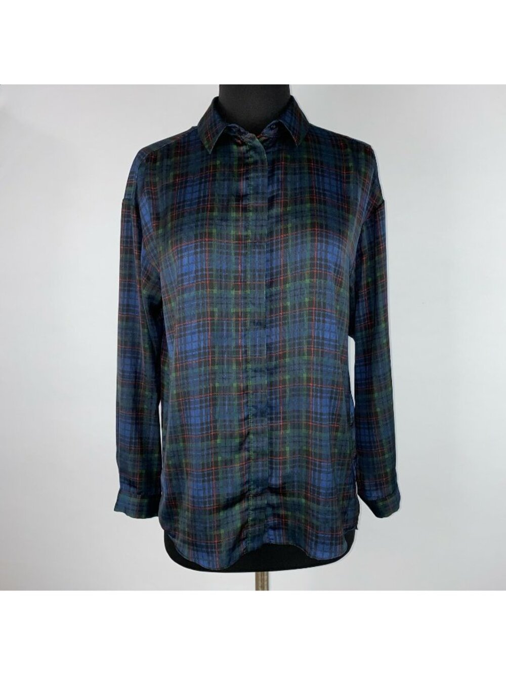 Topshop Womens US 2 Plaid Polyester Collared Hidden Button Front Hi-Lo Hem Top